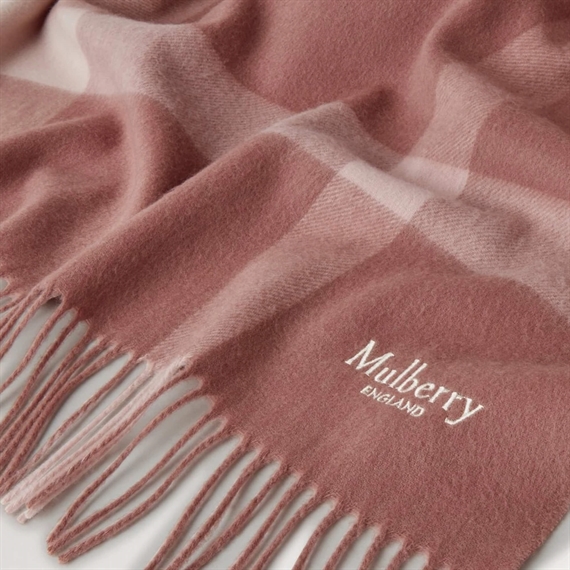 Mulberry Large Check Merino Wool Scarf Autumnn Rose & Powder Rose 